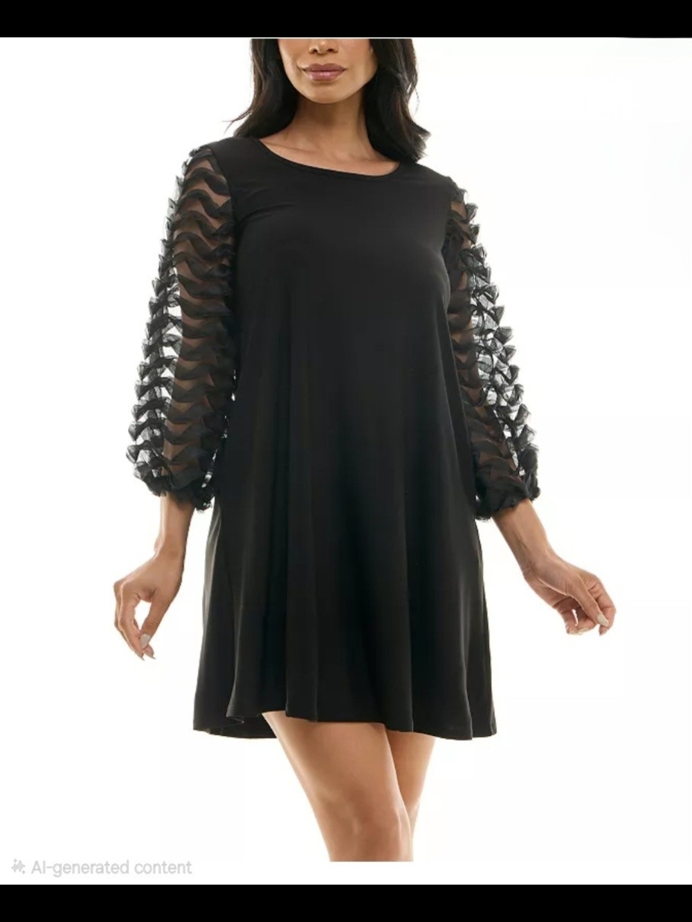 Nina Leonard Black Mini Dress with Textured Sheer Sleeves